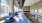 a room with blue chairs and a table