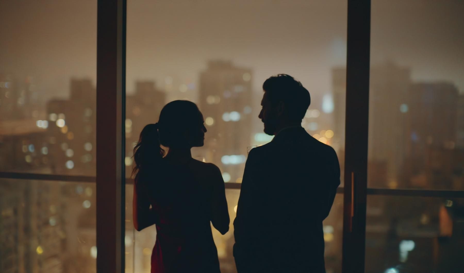 a man and woman standing next to each other and looking out a window